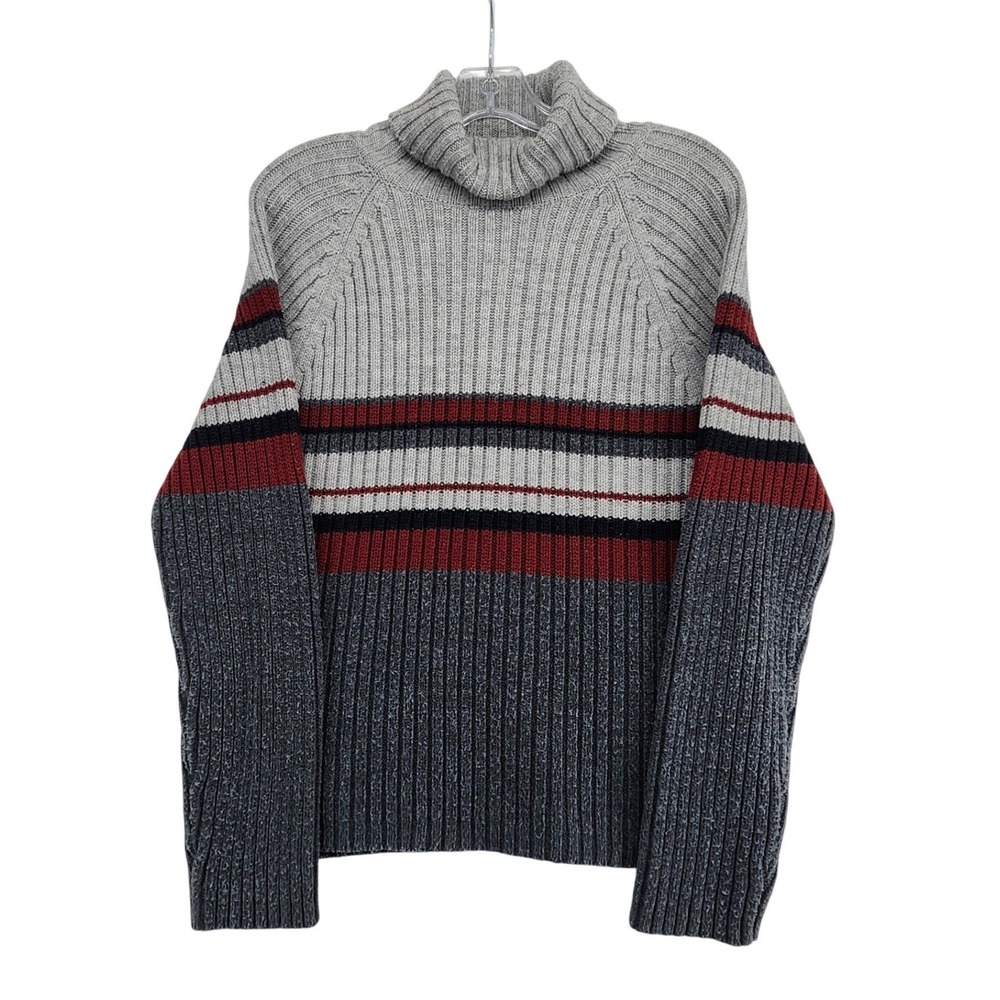 Carolyn Taylor XL Gray Striped Turtleneck Ribbed Knit Sweater Cozy Winter Style